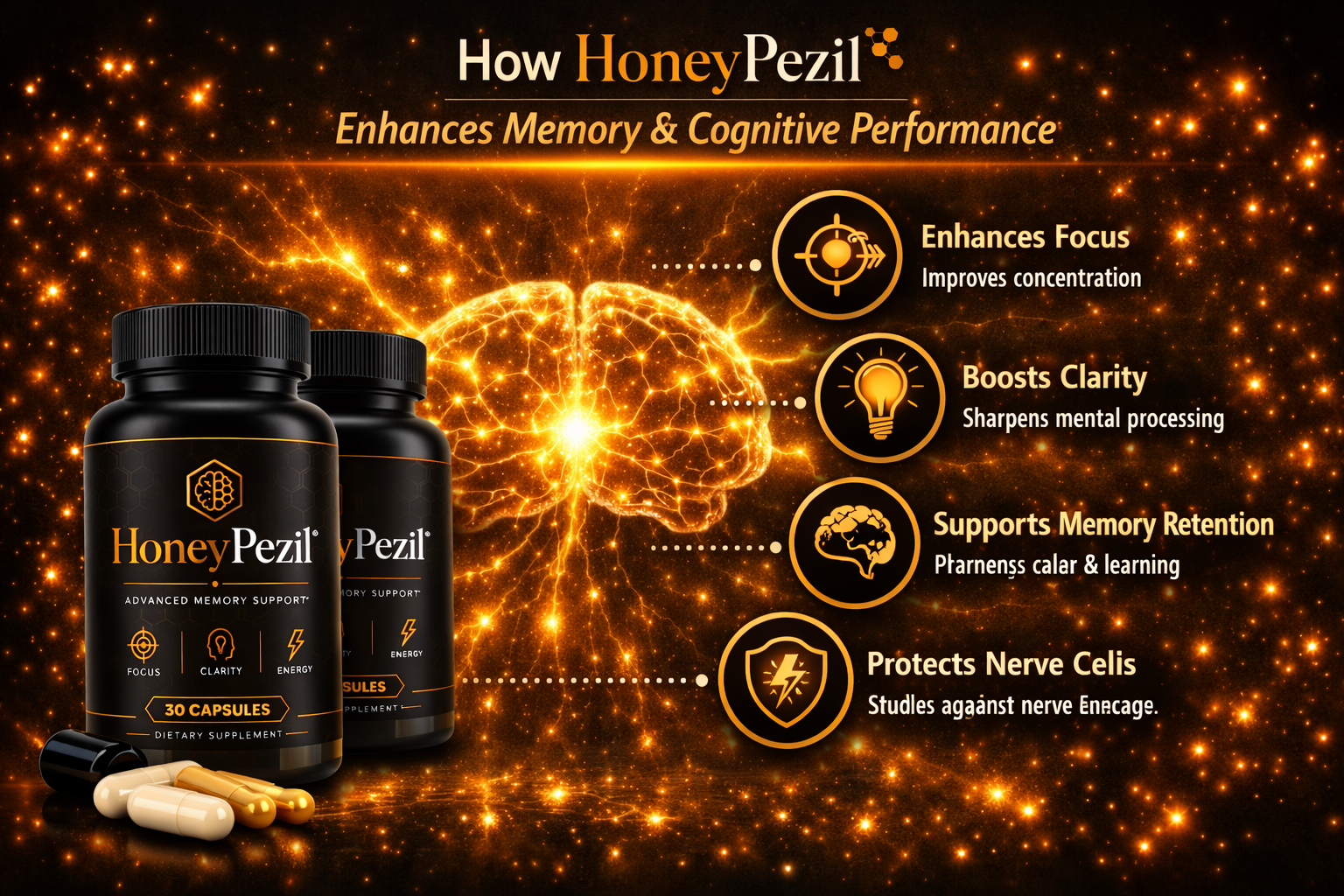 How HoneyPezil supports memory and focus — cerebral blood flow, brain-cell energy, and neuron protection for a sharper mind